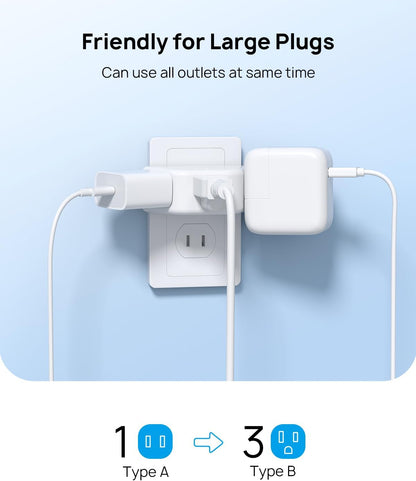 TROND 2 Prong to 3 Prong Outlet Adapter, 3-Way Angled Plug Extender with 3 AC Sockets, Wall Splitter for Non-Grounded Outlets in Old House, Cruise Essentials, White
