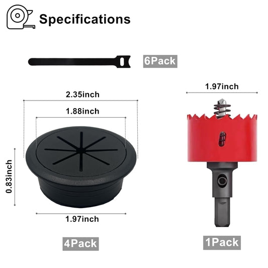 4 Pack Desk Grommet 2 Inch (50 mm), Desk Hole Cover for Cables, Black Desk Cord Hole Cover for Office Home Table, Cable Grommet with 1 Hole Saw Drill Attachment & 6 Cable Ties