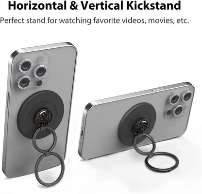 Magnetic Phone Grip Compatible with MagSafe, Magnetic Phone Ring Holder Finger Kickstand Wireless Charging Compatible, Double Cell Phone Rings Gripper Stand for MagSafe iPhone - Sparkle Black