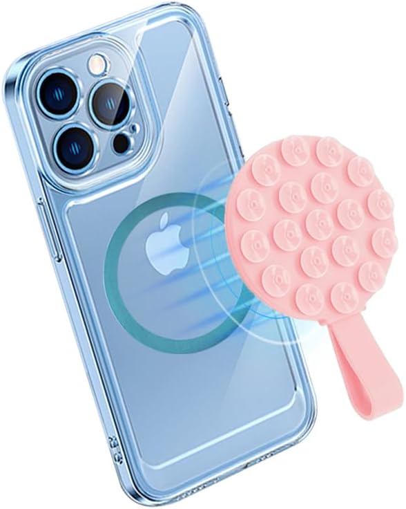 Magnetic Suction Cup Phone Mount, Silicone Suction Stand Holder, Compatible with iPhone MagSafe Phone Case, Hands-Free Mirror Shower Phone Holder Accessory for TikTok Videos, Pink