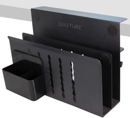 LUKETURE Laptop Holder, Steel Desk Side Storage, No Drill Standing Desk Accessories, Clamp on Laptop Mount with Pen Holder, Fits Flat Edge Tables 0.3" to 2.8" (Black, L(2 Tier))