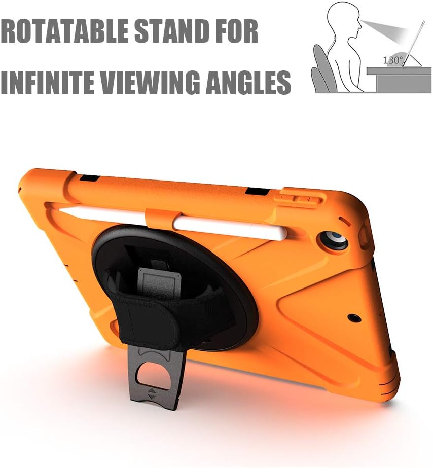 ZenRich Shockproof Case for iPad 9th/8th/7th Generation 10.2 inch 2021/2020/2019, Heavy Duty Rugged Case with Pencil Holder/360° Rotating Kickstand/Handle/Carrying Strap, Orange