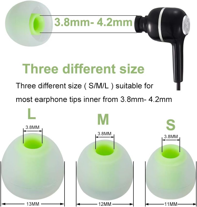 Earbud Tips Soft Silicone Earbuds Replacement Tips Fit for in-Ear Headphones(Inner Hole from 3.8mm - 4.2mm Earphones) 9 Pairs S/M/L,Transparent Green