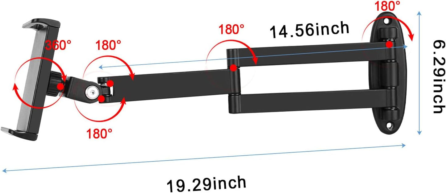 Tablet Wall Mount with Adjustable Long Arm Hinge 360° Swivel Bracket for 4.7 to 12.9 inch Tablet or Phone（Black）