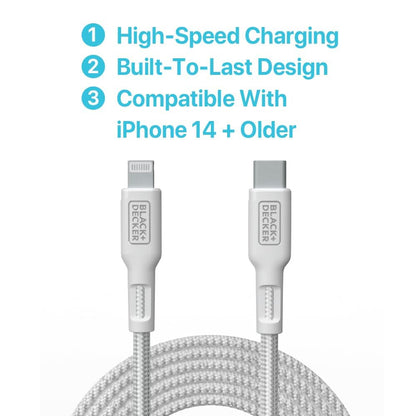 BLACK+DECKER USB C to Lightning Cable - Fast Compatible iPhone Lightning Cable - Durable Braided Type C iPhone Charger Cord - for Travel and Daily Use - Multiple Colors and Lengths - 3ft