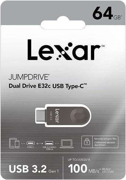 Lexar E32C 64GB Type-C USB Flash Drive, USB-A&USB-C 3.2 Gen 1 Dual Drive OTG 100MB/s Read, Thumb Drive Swivel Design Jump Drive for USB 3.0/2.0, Memory Stick for Android Smartphone, Laptop, PC