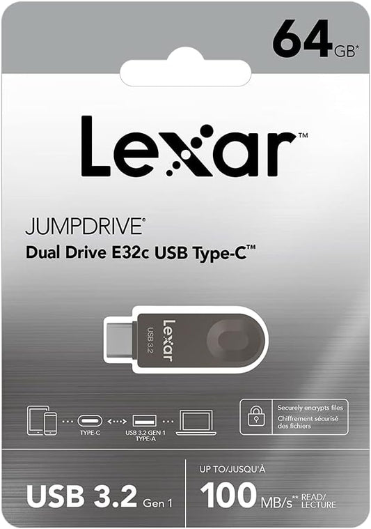Lexar E32C 64GB Type-C USB Flash Drive, USB-A&USB-C 3.2 Gen 1 Dual Drive OTG 100MB/s Read, Thumb Drive Swivel Design Jump Drive for USB 3.0/2.0, Memory Stick for Android Smartphone, Laptop, PC