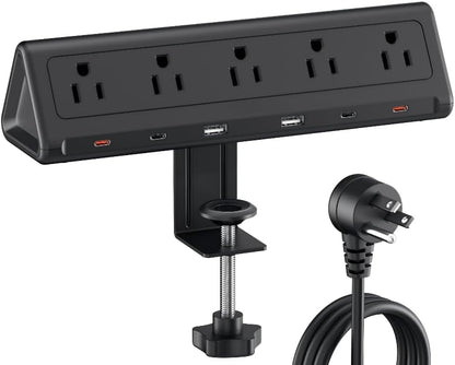 10 FT Desk Clamp Power Strip with 5 AC Outlets & 6 USB Ports PD 40W USB-C Fast Charging, 1250J Surge Protector, Fits 2.6 in top Edge Black