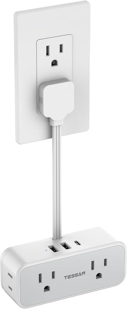 TESSAN Multi Plug Wall Outlet Extender, 6 inch Short Extension Cord, Flat Plug Splitter with 4 AC 3 USB (1 USB C) Charging Ports, Multiple Outlet Small Power Strip for Home Office Dorm Room