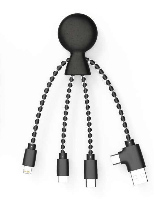 Mr Bio 4 in 1 Multi USB Cable Octopus Design Black - Universal Recycled Plastic Charger - USB Plug - USB-C - Lightning - Micro USB for Universal Smartphone