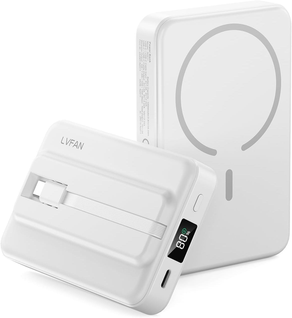 LVFAN for Magsafe Power Bank 10000mAh, Fast Charging Wireless Magnetic Portable Charger with Built-in USB C in&Out Cable, Travel LED Display Battery Pack for iPhone 17 16 15 14 13 12