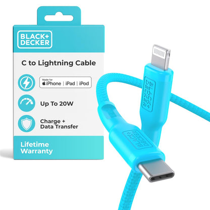 BLACK+DECKER USB C to Lightning Cable - Fast Compatible iPhone Lightning Cable - Durable Braided Type C iPhone Charger Cord - for Travel and Daily Use - Multiple Colors and Lengths - 6ft