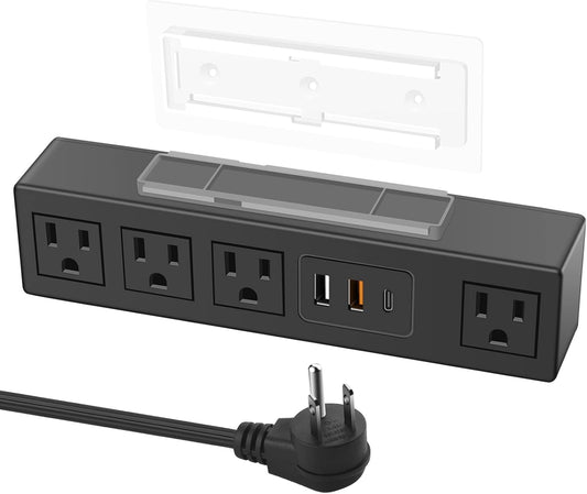 HHSOET Under Desk Power Strip with 3M Adhesive, Removable Under Desktop Mount Plug with Fast Charging USB C and USB A Ports, 4 Outlet Under Table Surge Protector 1200J, 6FT Extension Cord. (Black)