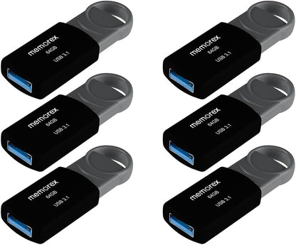 64GB Memorex USB 3.1 Flash Drive – Transfer Speeds Up to 10x Faster Than USB 2.0, Latest USB 3.1 Gen 1 Technology, Lightweight Design, for Daily File Management, Type-A Connector, 6-Pack