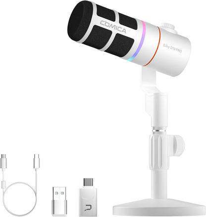 EJoy D10 PRO(D) Wireless USB Gaming Microphone – RGB Dynamic Mic with Wired/Wireless Modes, XLR/USB-C, Real-Time Monitoring, 45H Battery, Studio Mic for Gaming, Streaming, Podcast, Recording (White)
