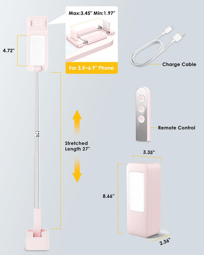 Phone Stand for Recording, Overhead Phone Mount with Light, Selfie Stand,Portable,Extendable,360° Rotate,Adjustable,Wireless Remote,Rechargeable, for 3.5-6.9" Phones, Live Streaming