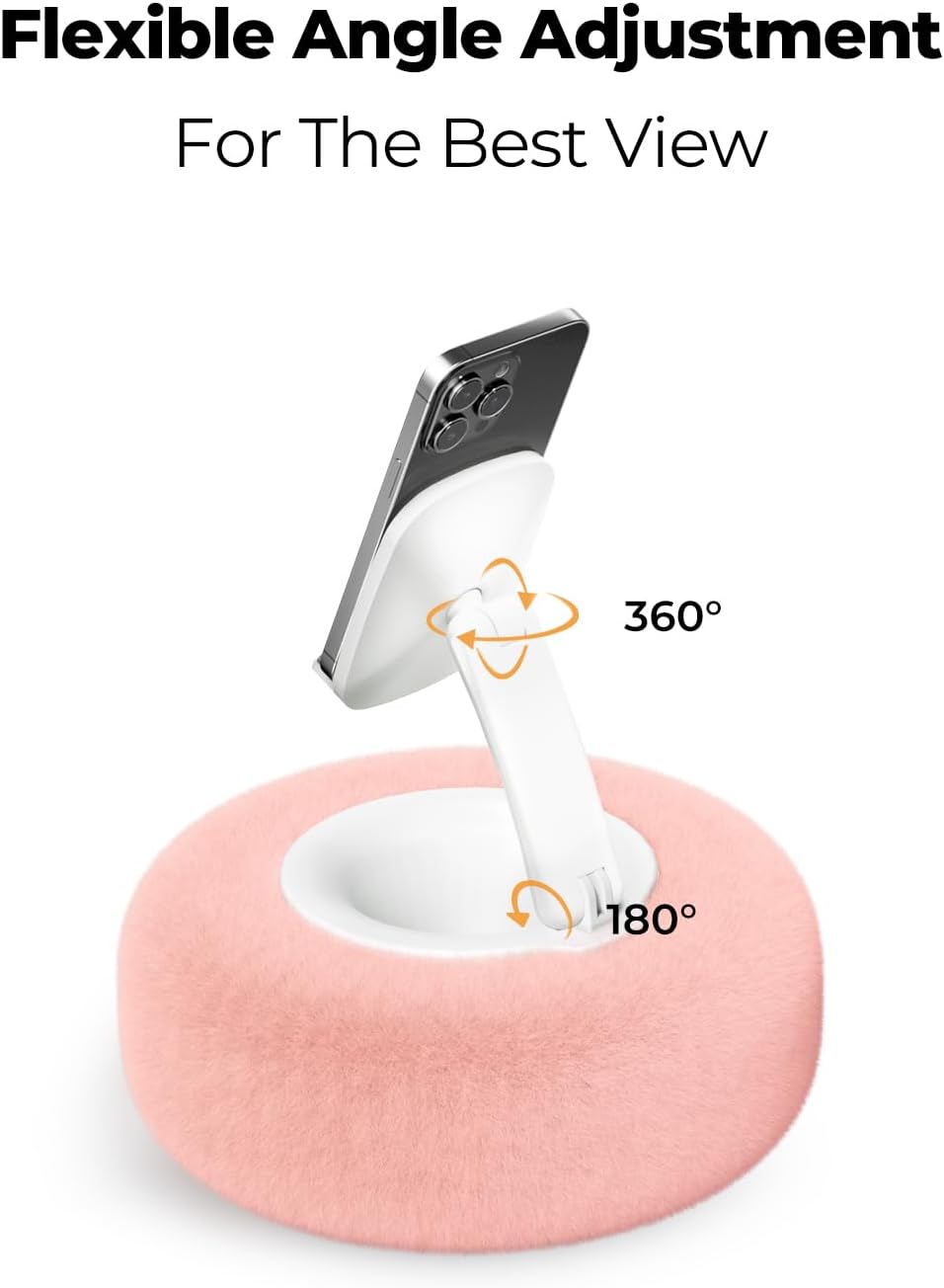 Phone Stand with Pillow, Adjustable iPhone Stand with Anti-Slip Strips, Fuzzy Tablet Holder– Compatible with 4"-7" Devices, Including iPhone, iPad, Kindle, and Android (Pink)