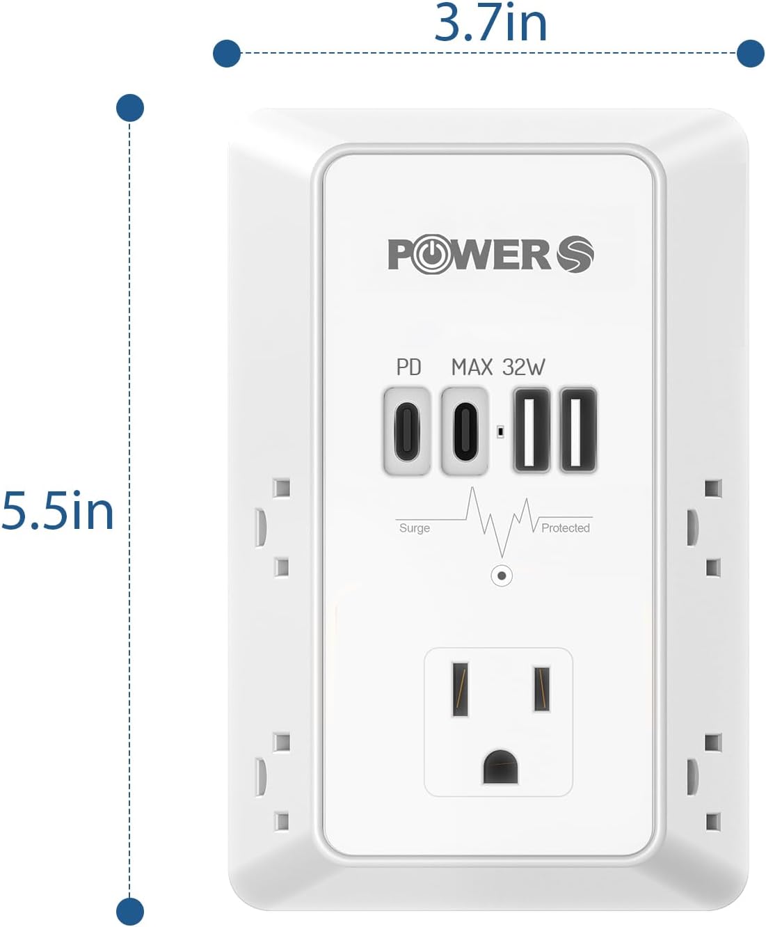 20W PD Fast Charging Wall Outlet with USB Ports (2C2A), Electrical Outlet Extender, Surge Protector, Wall Plug Adapter for Multiple Devices, Wall Socket Expander