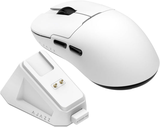 AJ159P MC Triple Mode (2.4G/Wired/Bluetooth 5.2) Gaming Mouse, 12000 DPI, 56g Ultra-Light, Magnetic RGB Charging Dock, Programmable 6 Buttons, Ergonomic Design for Computer Laptop PC, White