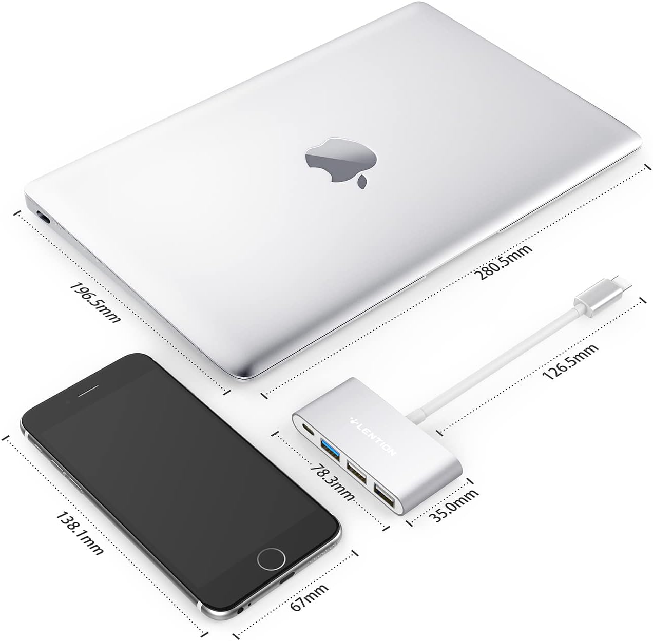 LENTION 4-in-1 USB-C Hub with Type C, USB 3.0, USB 2.0 for 2024-2016 MacBook Pro (M1-M4), iPhone 16-15 New Mac Air/Surface, ChromeBook, More, Multiport Charging & Connecting Adapter (C13, Silver)