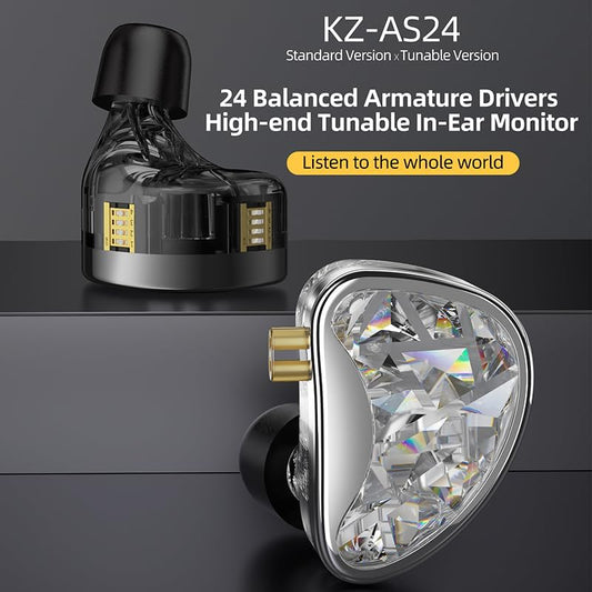 KZ AS24 in-Ear Monitor Headphone 24BA Drivers High-Performance IEM Earphones with 8 Tuning Switches, Noise Isolation Wired Earbuds for Musicians (Tuning Version,Black,no mic)