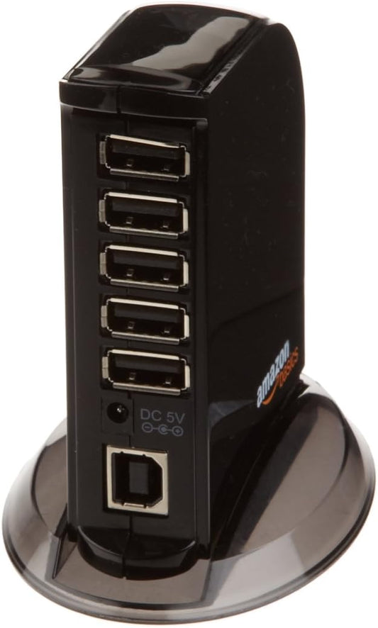 Amazon Basics 7 Port USB 2.0 Hub Tower with 5V/4A Power Adapter, Black
