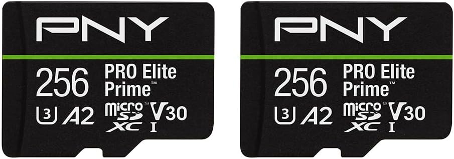 PNY 256GB PRO Elite Prime™ C10 U3 V30 A2 microSDXC Flash Memory Card – Ultra-Fast Speeds, Read 200MB/s, Write 150MB/s, 4K UHD, Full HD, UHS-I, for Smartphones, Drones, Action Cameras, 2-Pack