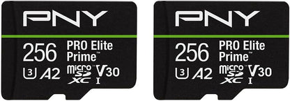 PNY 256GB PRO Elite Prime™ C10 U3 V30 A2 microSDXC Flash Memory Card – Ultra-Fast Speeds, Read 200MB/s, Write 150MB/s, 4K UHD, Full HD, UHS-I, for Smartphones, Drones, Action Cameras, 2-Pack