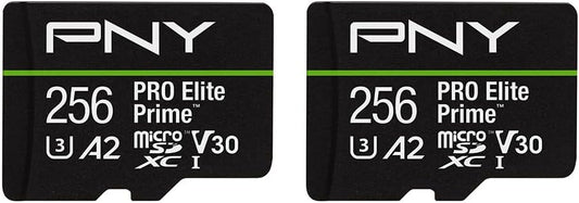 PNY 256GB PRO Elite Prime™ C10 U3 V30 A2 microSDXC Flash Memory Card – Ultra-Fast Speeds, Read 200MB/s, Write 150MB/s, 4K UHD, Full HD, UHS-I, for Smartphones, Drones, Action Cameras, 2-Pack