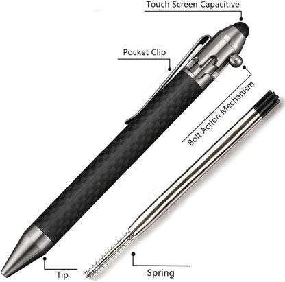 Cool Hand 4.5'' Carbon Fiber Bolt Action Pen with Retractable Stylus Tip for Any Touch Screen, Compact Size, Skelton Out Deep Pocket Clip (5.7''Carbon Fiber Silver)