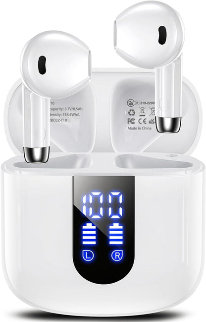 Wireless Earbuds, Bluetooth Headphones with Deep Bass Stereo, 48H Playback Ear Buds with LED Power Display Charging Case，Lightweight, IPX7, in-Ear Earphones with Mic for for Phone Tablet Laptop, White