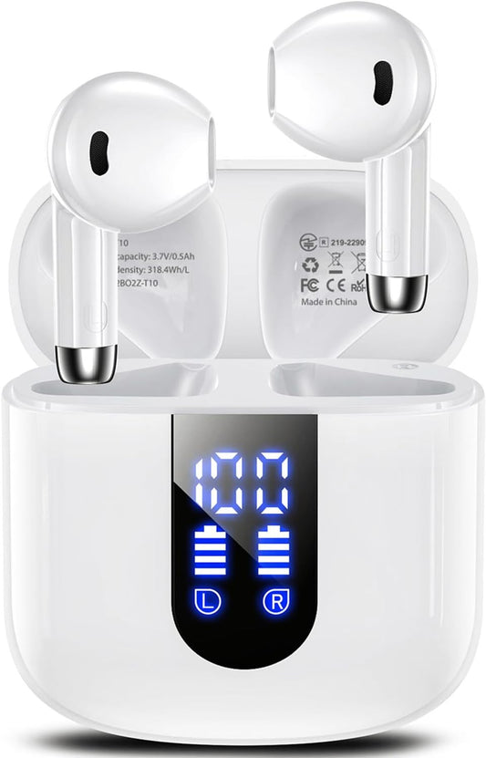 Wireless Earbuds, Bluetooth Headphones with Deep Bass Stereo, 48H Playback Ear Buds with LED Power Display Charging Case，Lightweight, IPX7, in-Ear Earphones with Mic for for Phone Tablet Laptop, White