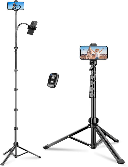 Phone Tripod, 86" Tall Tripod Stand with Gooseneck, Remote and Phone Holder, Suitable for Recording Fitness Vlog Watching Cooking, Compatible with Smartphone, Camera