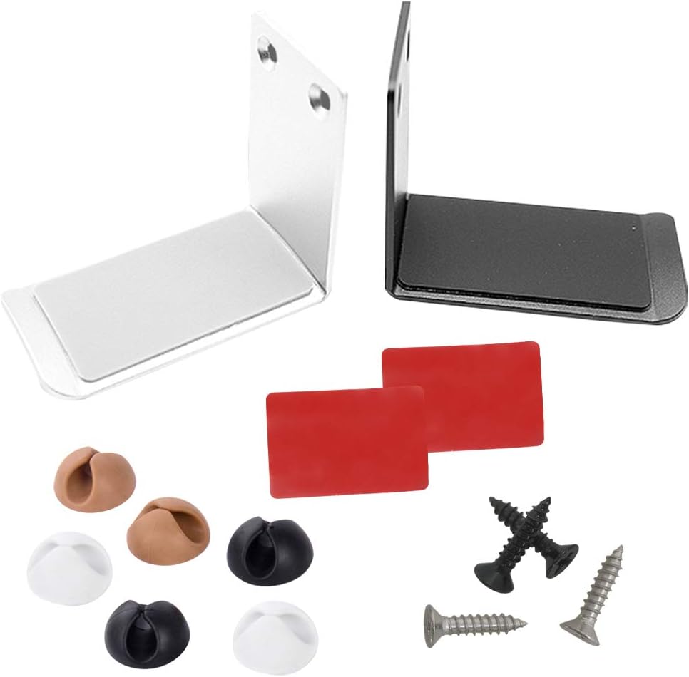 SourceTon 2 Packs Aluminum Headphone Stand Hanger and 6 Cable Clips, 2 Headset Holder Mount (Black and Silver) and 6 Cable Organizers with Strong Adhesive Tape and Screws for Headphones