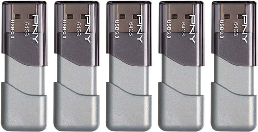 PNY 64GB Turbo Attaché 3 USB 3.0 Flash Drive, Silver (Pack of 5)