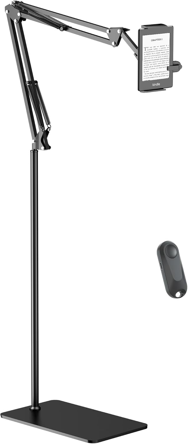 Floor Stand for Kindle Reading in Bed with Remote Page Turner, Hands Free Tablet Arm Holder for Kindle Accessory, Compatible with iPhone Paperwhite eReader Tablet 4.5-12.9 inch (kt-sd2)
