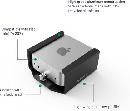 Mac mini M4 2024 Secure Mounting Bracket with Integrated Lock Head, Anti-Theft Steel Holder with Keyed Lock for Offices, Schools, and Public Spaces - Black