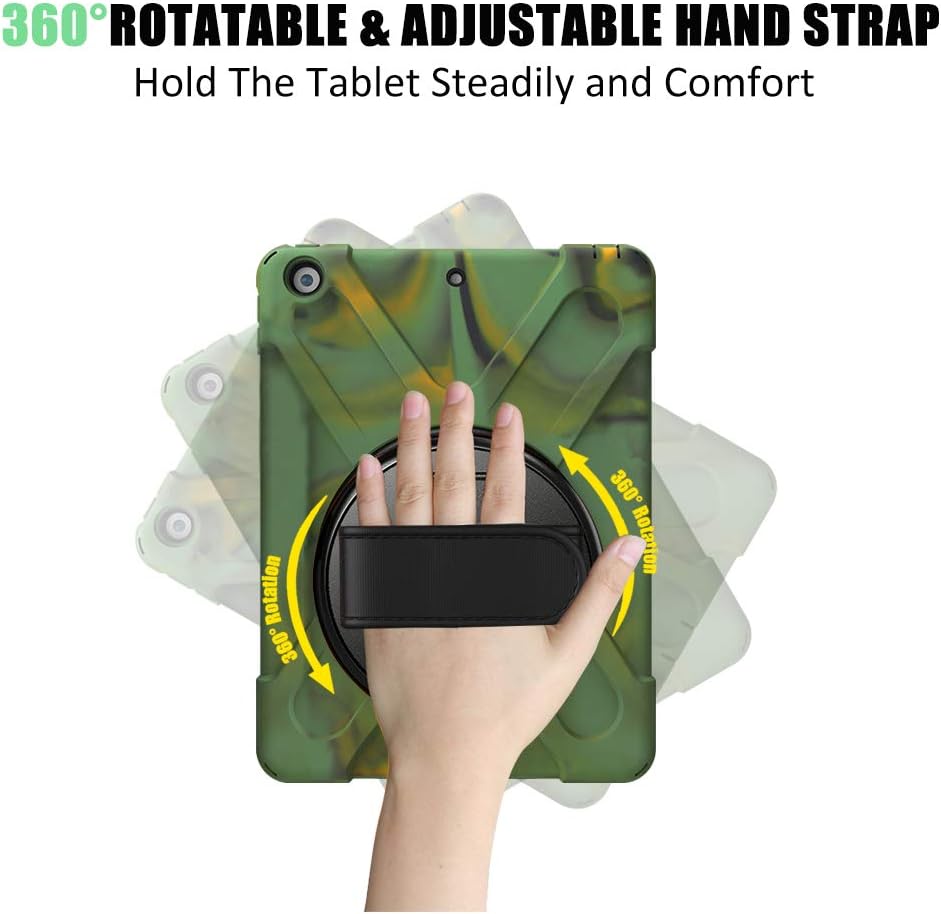 ZenRich Shockproof Case for iPad 9th/8th/7th Generation 10.2 inch 2021/2020/2019, Heavy Duty Rugged Case with Pencil Holder/360° Rotating Kickstand/Handle/Carrying Strap, Camouflage
