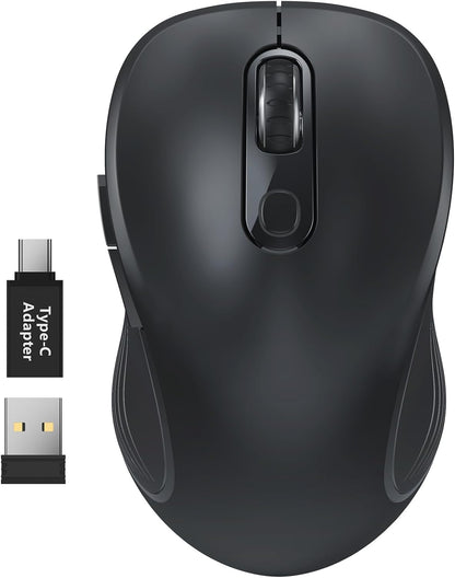 WisFox 2.4G Wireless Mouse for Laptop, Ergonomic Computer Mouse with USB Receiver and Type-C Adapter, 3 Adjustable Levels, 6 Button Cordless Wireless Mice for Windows Mac PC Notebook (Black)