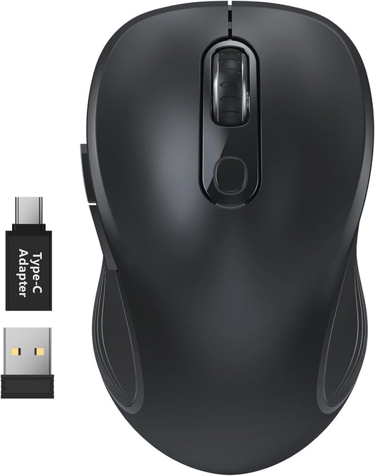 WisFox 2.4G Wireless Mouse for Laptop, Ergonomic Computer Mouse with USB Receiver and Type-C Adapter, 3 Adjustable Levels, 6 Button Cordless Wireless Mice for Windows Mac PC Notebook (Black)
