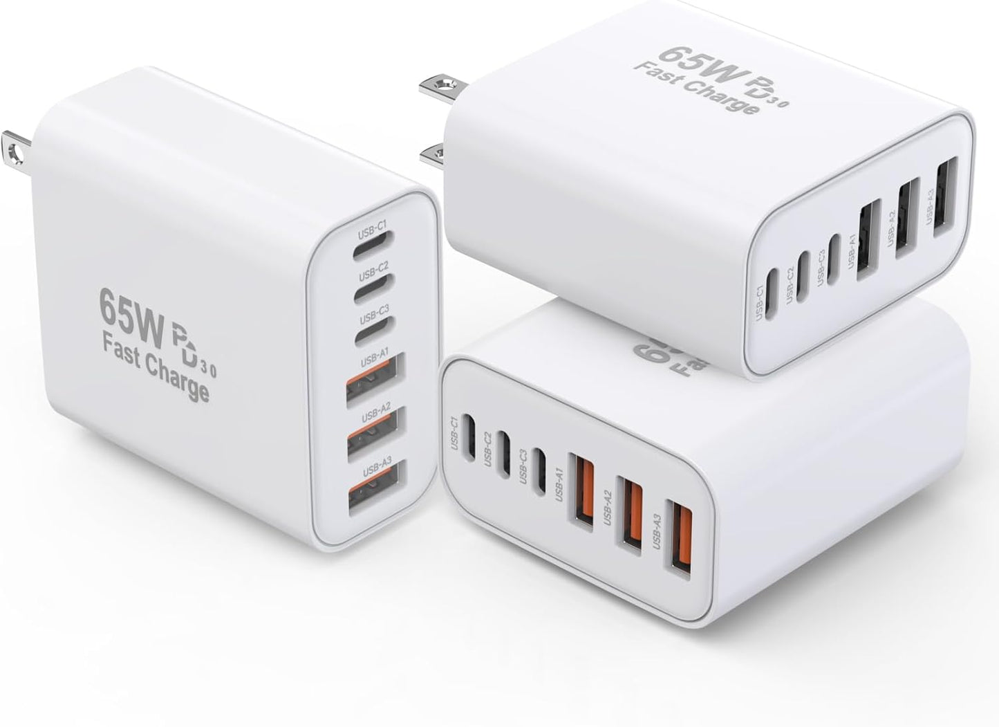 3 Pack 65W GaN Type C Wall Charger Block,6-Port Fast Charging Block,PD USB C Plug Adapter+QC Plug Compatible with Apple iPhone 16E/16Pro Max/16Plus/16/15/14/13/12/11/SE/XS Max,iPad Pro,AirPods(White)
