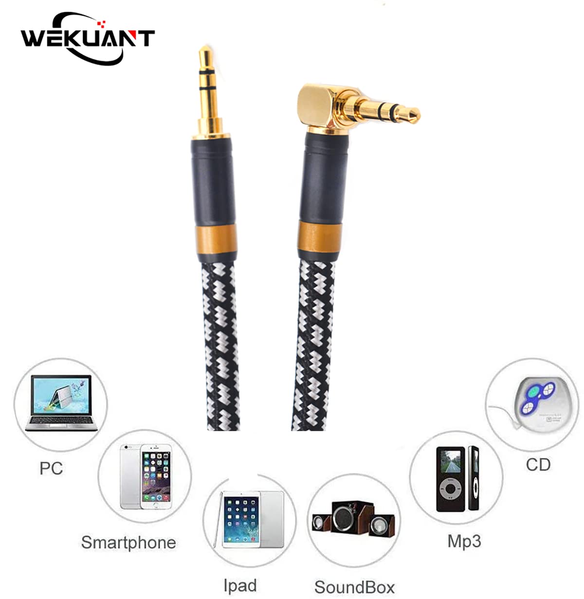 Aux Cord, Audiophile 3.5mm Stereo Audio Cable [1m (3.2Feet), Silvered-Plated Copper core, Right Angle] Unbreakable and Great for Laptop, Tablets, Headphones, Cars and More.