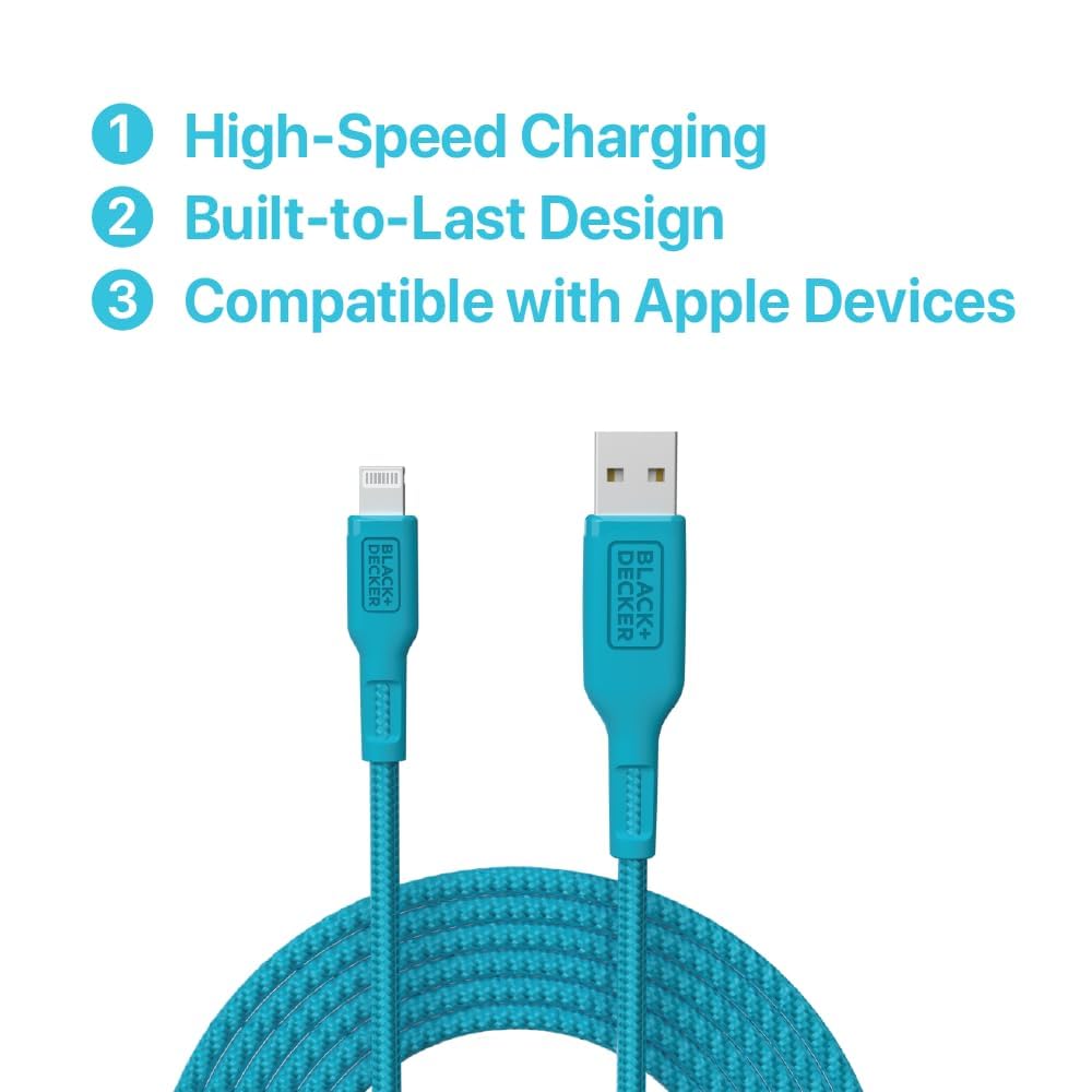 BLACK+DECKER Lightning to USB Cable - Fast Compatible iPhone Lightning Cable - Durable Braided iPhone Charger Cord - for Travel and Daily Use - Multiple Color + Length Options - 3ft