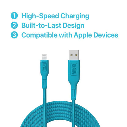 BLACK+DECKER Lightning to USB Cable - Fast Compatible iPhone Lightning Cable - Durable Braided iPhone Charger Cord - for Travel and Daily Use - Multiple Color + Length Options - 6ft