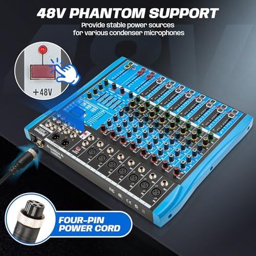 Professional Audio Mixer, 8 Channel, Input 48V Phantom Power Stereo Digital USB Bluetooth MP3 Computer Input, Build-in 16 Effect DSP, for Recording, Live Streaming, Podcasting MG80S