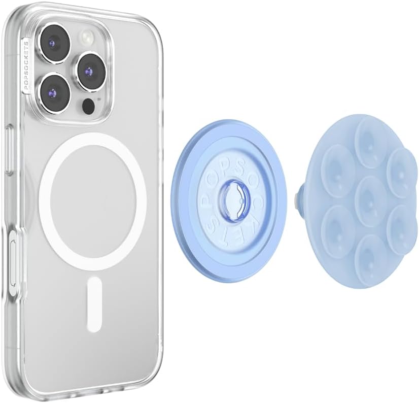 PopSockets Suck-Up™ Suction Grip & Stand, 3-in-1 MagSafe Phone Mount for iPhone, Strong Hold on Mirrors & Glass, Swappable Top, Portable & Reusable - Frost