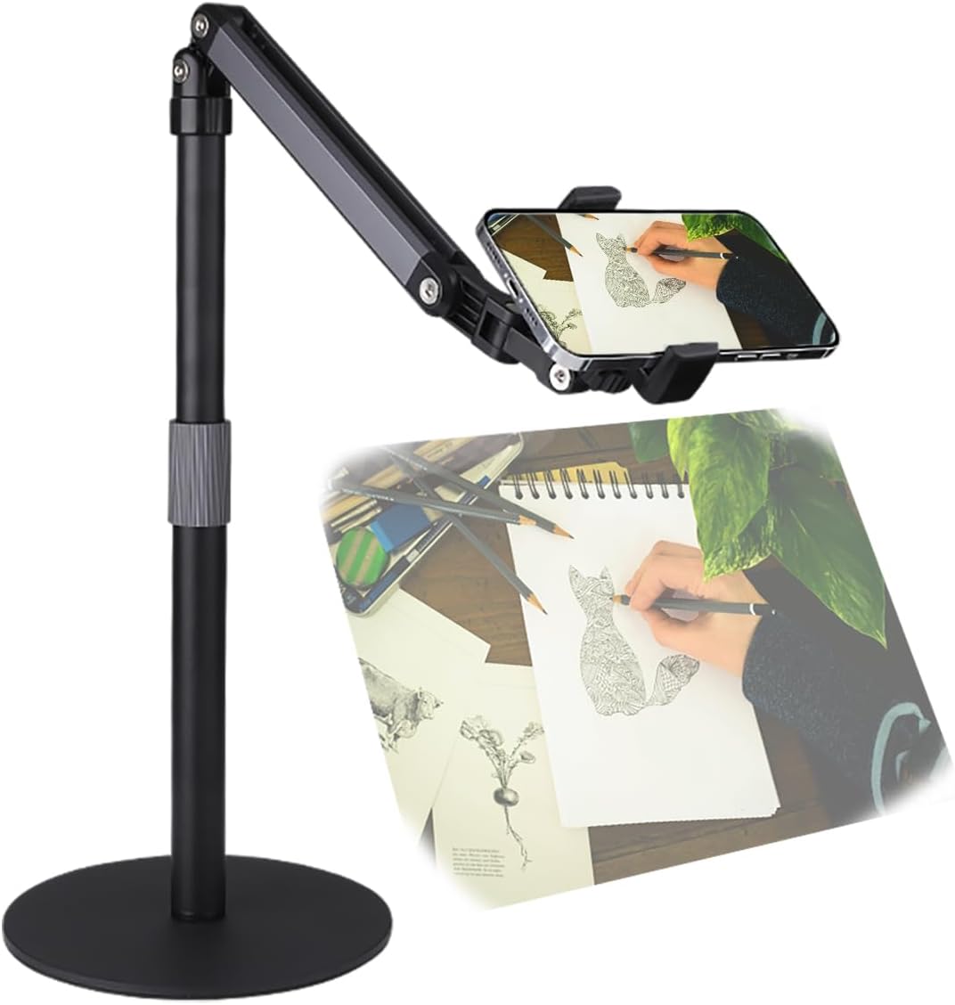 Heavy Duty Overhead Phone Stand for Desk Video Recording for iPhone Holder, with Extension Arm, 360° Swivel, for Filming, Meeting, Cooking, Painting and Crafting
