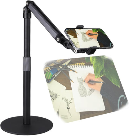 Heavy Duty Overhead Phone Stand for Desk Video Recording for iPhone Holder, with Extension Arm, 360° Swivel, for Filming, Meeting, Cooking, Painting and Crafting