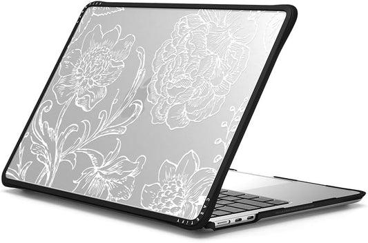 CASETiFY Impact MacBook Air 13.6" (M2-M4) Case [Cushioned Impact Corners/Scratch-Resistant/Anti-Slip Grip] - White line Art Flowers - Clear Black