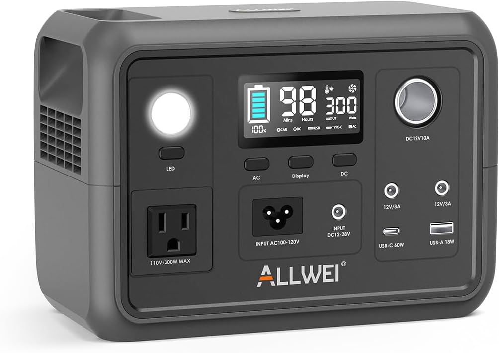 Portable Power Station 300W (Peak 600W), ALLWEI 256Wh Solar Generator with 60W USB-C PD Output, 110V Pure Sine Wave AC Outlet Backup LiFePO4 Battery for Outdoors Camping Travel Home Blackout
